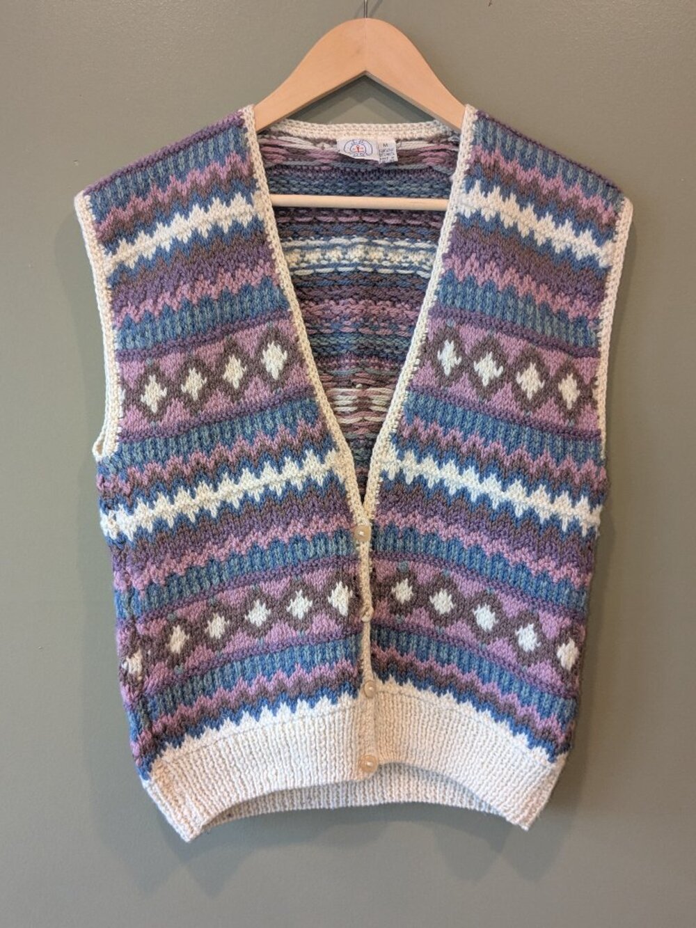 Vintage JG Hook 100% Wool Hand Knit Vest Med Purple Blue Argyle Fair Isle V Neck